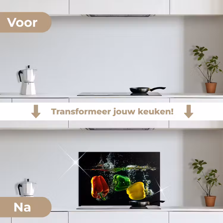 Paprika - Groente - Water - Zwart - Rood - Groen - Geel keuken achterwand spatscherm klein -voor_na_NL