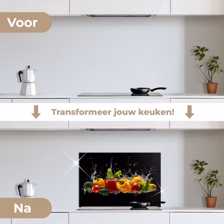 Paprika - Water - Groente - Zwart keuken achterwand spatscherm klein -voor_na_NL