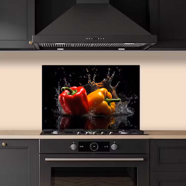 Paprika - Water - Zwart - Groente - Rood - Geel keuken achterwand spatscherm klein -sfeer1