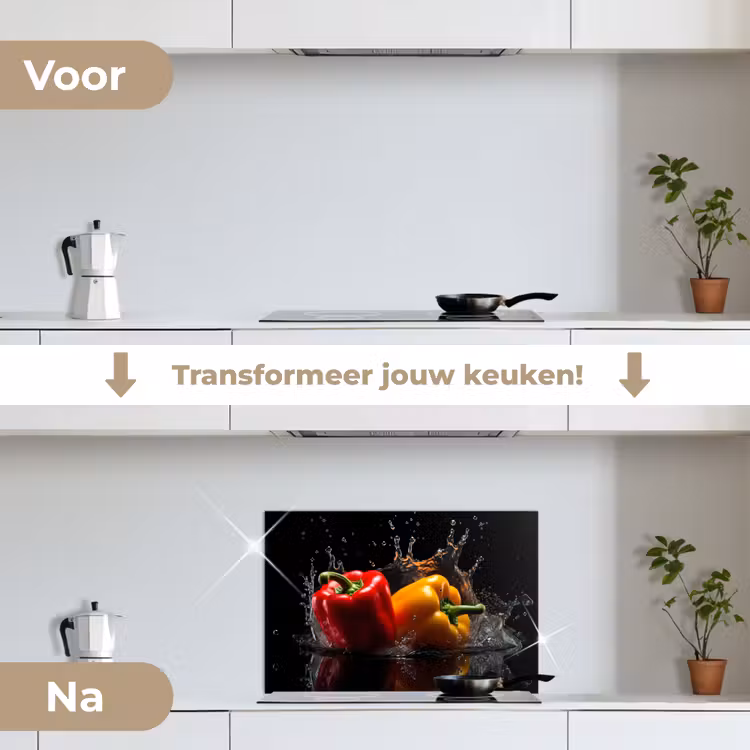 Paprika - Water - Zwart - Groente - Rood - Geel keuken achterwand spatscherm klein -voor_na_NL