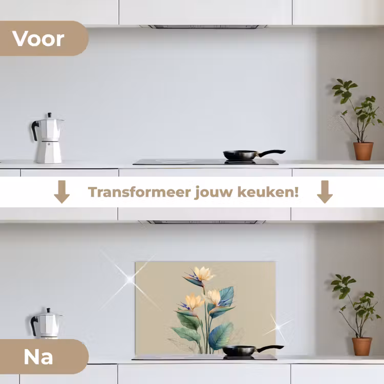 Paradijsvogelbloemen - Blauwgroene bladeren - Beige keuken achterwand spatscherm klein -voor_na_NL
