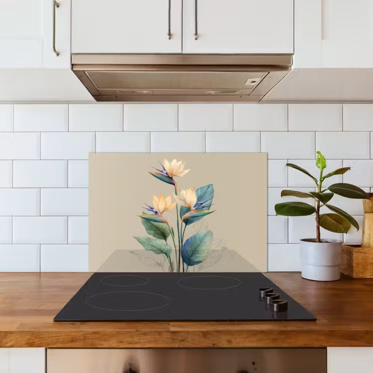Paradijsvogelbloemen - Blauwgroene bladeren - Beige keuken achterwand spatscherm klein -sfeer2