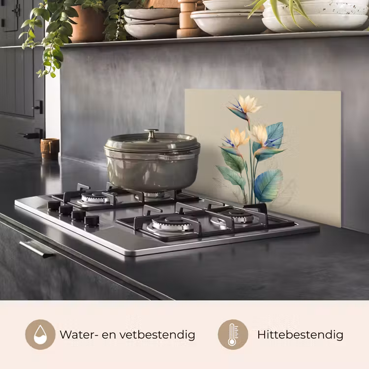 Paradijsvogelbloemen - Blauwgroene bladeren - Beige keuken achterwand spatscherm klein -usp_NL