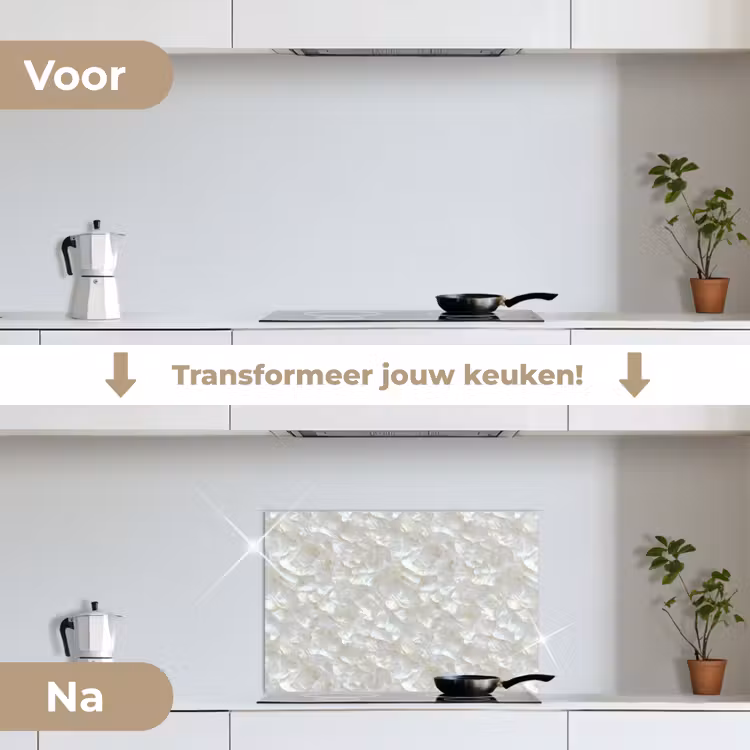 Parelmoerglans - Wit - Schelp keuken achterwand spatscherm klein 900 -voor_na_NL