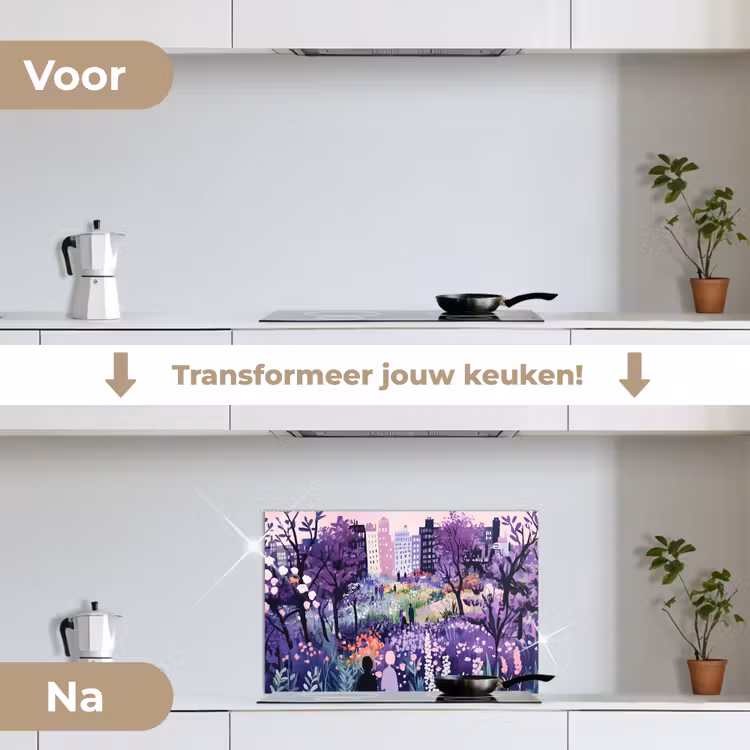 Park - Bomen - Bloemen - Gebouwen keuken achterwand spatscherm klein -voor_na_NL
