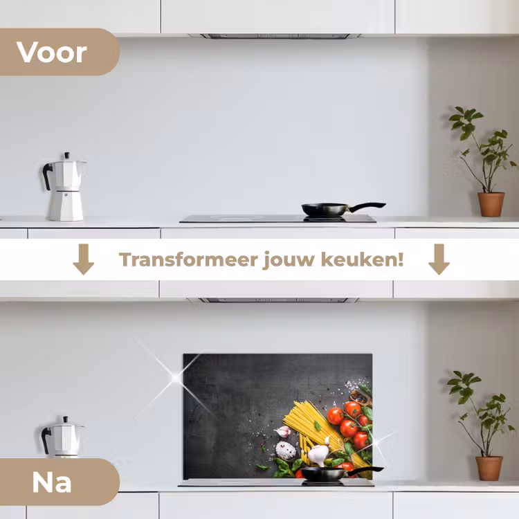 Pasta - Kruiden - Tomaat - Specerijen - Rustiek keuken achterwand spatscherm klein -voor_na_NL