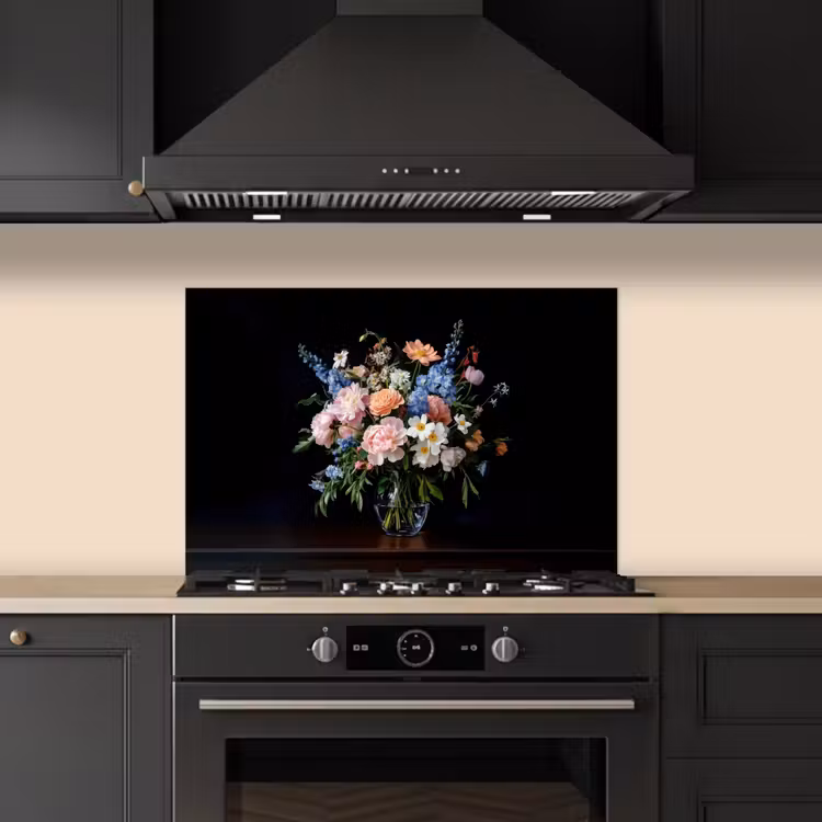 Pastel - Bloemen - Glazen - Vaas keuken achterwand spatscherm klein -sfeer1