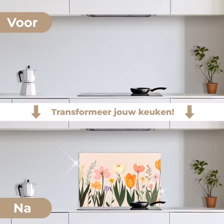 Pasteltinten - Bloemen - Illustratie keuken achterwand spatscherm klein -voor_na_NL