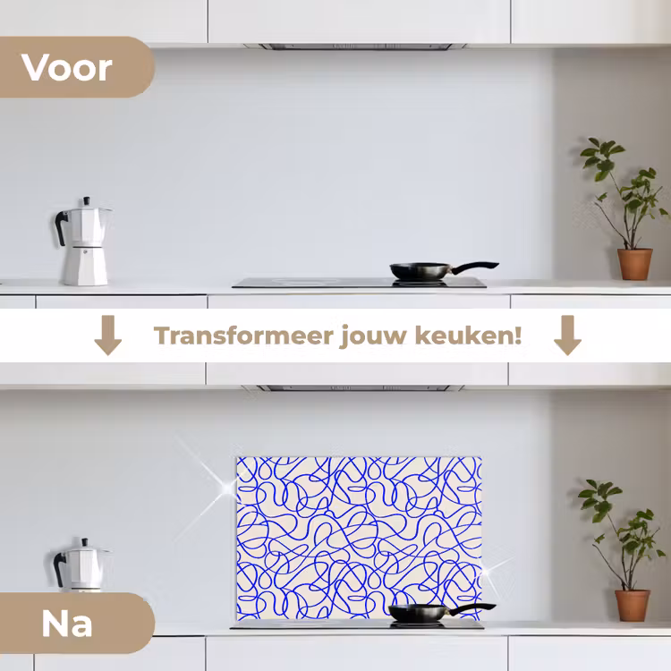 Patronen - Beige - Blauw - Lijnen keuken achterwand spatscherm klein 900 -voor_na_NL