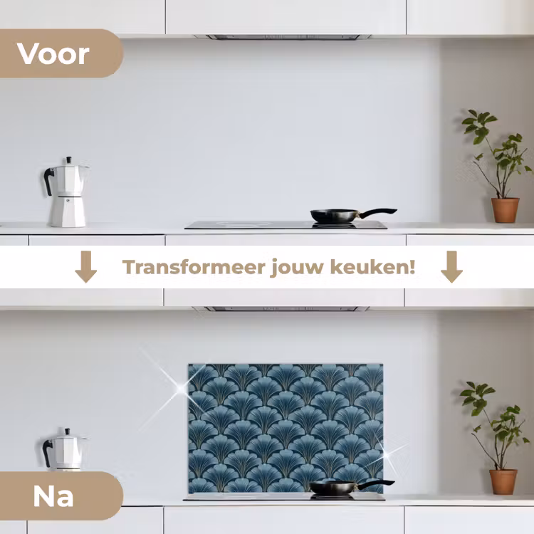 Patroon - Ginkgoblad - Blauw keuken achterwand spatscherm klein 900 -voor_na_NL