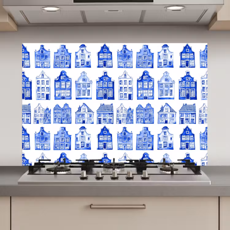 Patroon - Huizen - Blauw keuken achterwand spatscherm klein 900 -3d_website