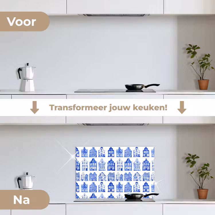 Patroon - Huizen - Blauw keuken achterwand spatscherm klein 900 -voor_na_NL