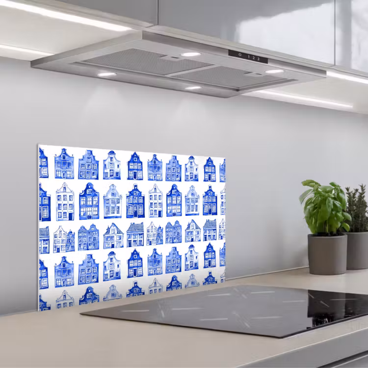 Patroon - Huizen - Blauw keuken achterwand spatscherm klein 900 -3d_schuin