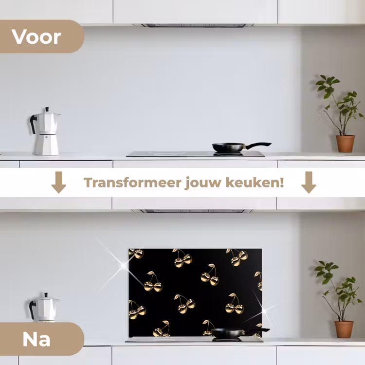 Patroon - Kersen - Goud - Chrome keuken achterwand spatscherm klein -voor_na_NL