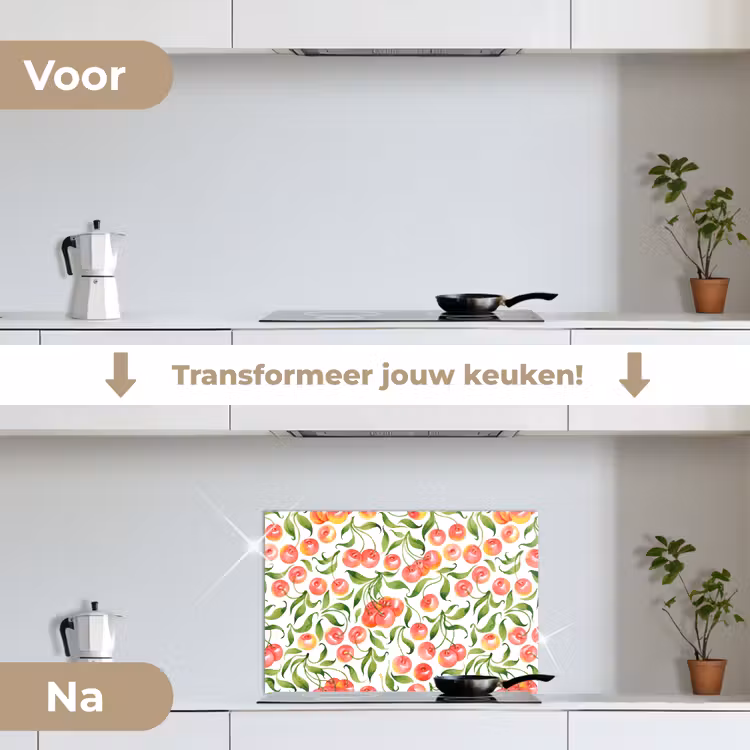 Patroon - Kersen - Wit keuken achterwand spatscherm klein 900 -voor_na_NL