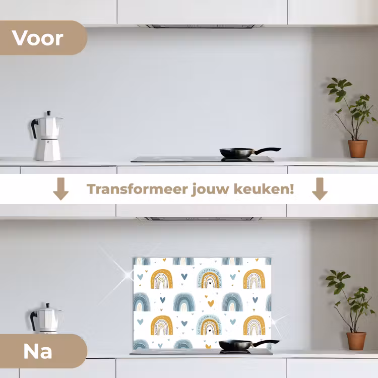 Patroon - Regenboog - Hartjes keuken achterwand spatscherm klein -voor_na_NL
