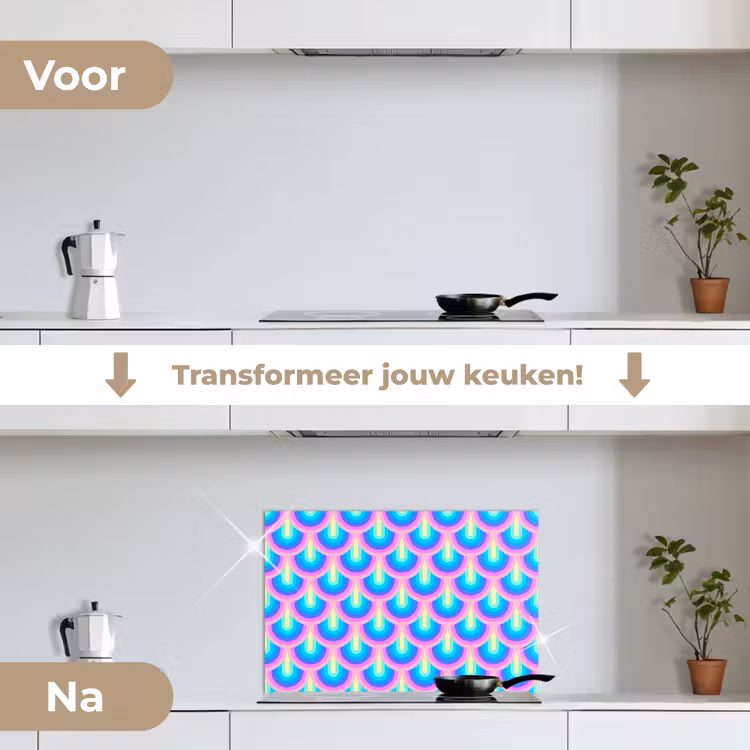 Patroon - Regenboogwaaier - Neon keuken achterwand spatscherm klein 900 -voor_na_NL