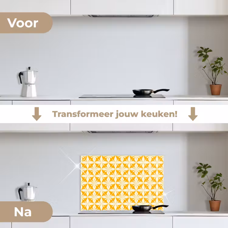 Patroon - Retro - Geel keuken achterwand spatscherm klein 900 -voor_na_NL