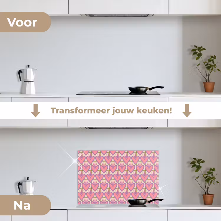 Patroon - Roze - Hartjes keuken achterwand spatscherm klein 900 -voor_na_NL