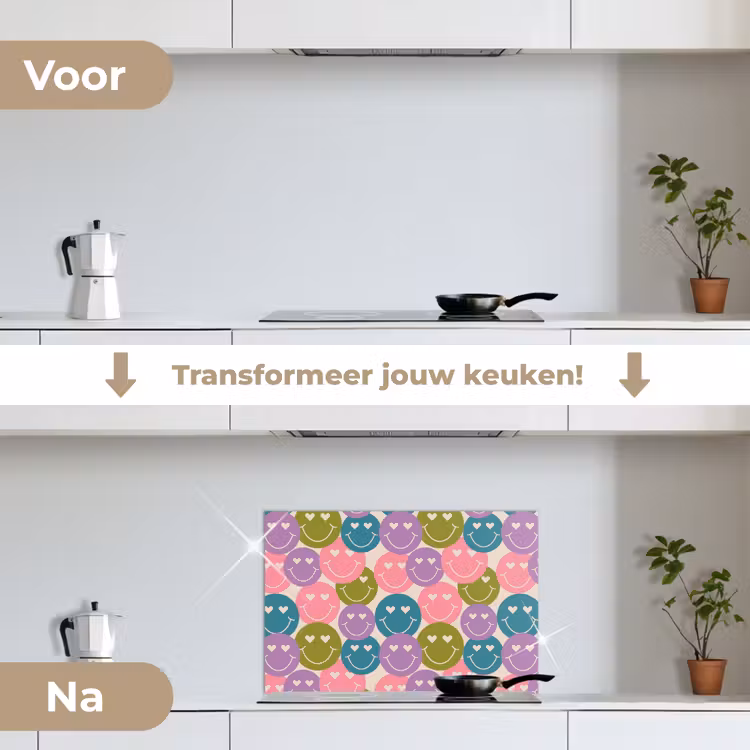 Patroon - Smiley - Kleurrijk - Hartjes keuken achterwand spatscherm klein 900 -voor_na_NL