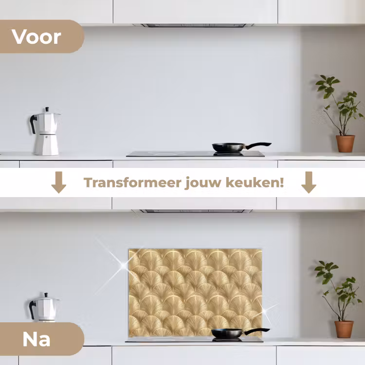 Patroon - Waaier - Goud keuken achterwand spatscherm klein 900 -voor_na_NL