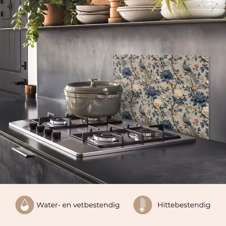 Pauw - Bloemen - Blauw keuken achterwand spatscherm klein 900 -usp_NL