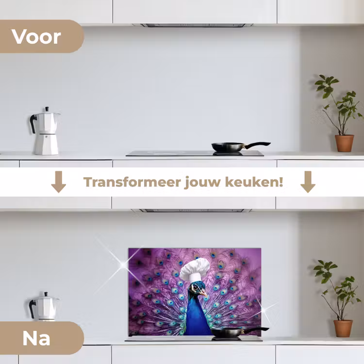 Pauw - Koksmuts - Cool - Paars keuken achterwand spatscherm klein -voor_na_NL