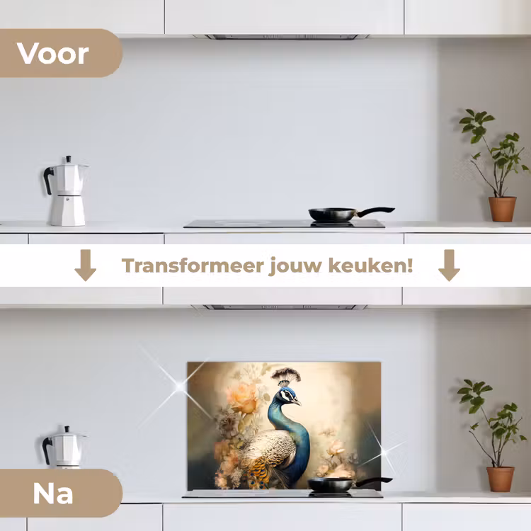 Pauw - Pauwenveren - Bloemen - Vogels - Botanisch keuken achterwand spatscherm klein -voor_na_NL
