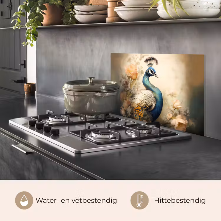 Pauw - Pauwenveren - Bloemen - Vogels - Botanisch keuken achterwand spatscherm klein -usp_NL