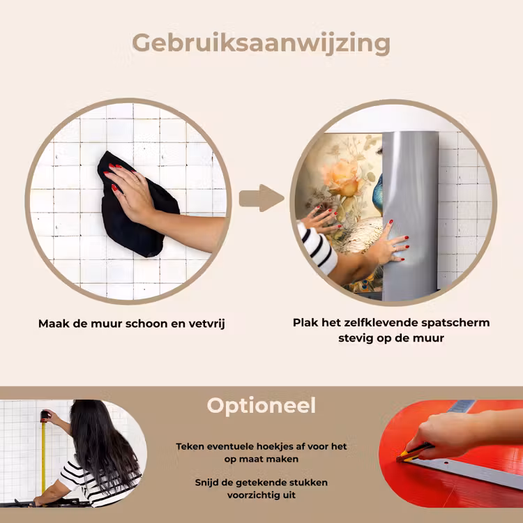Pauw - Pauwenveren - Bloemen - Vogels - Botanisch keuken achterwand spatscherm klein -gebruiksaanwijzing_NL