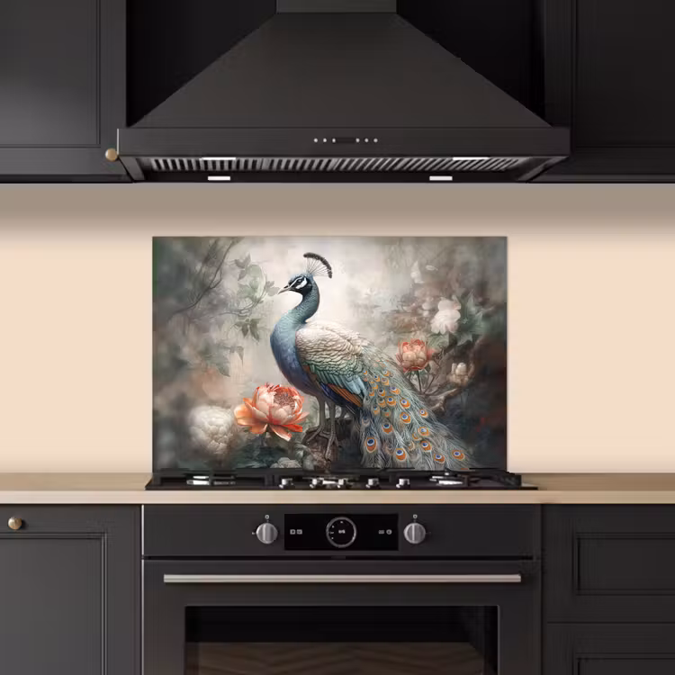Pauw - Pauwenveren - Vogel - Jungle - Bloemen keuken achterwand spatscherm klein -sfeer1