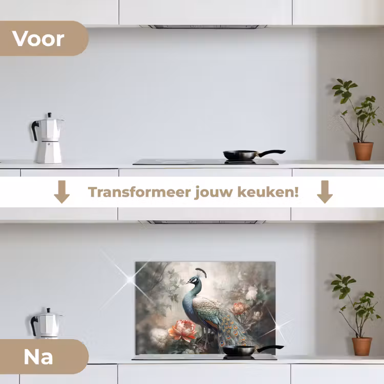 Pauw - Pauwenveren - Vogel - Jungle - Bloemen keuken achterwand spatscherm klein -voor_na_NL