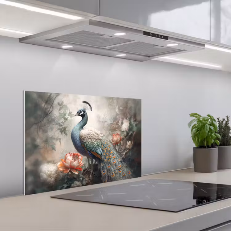 Pauw - Pauwenveren - Vogel - Jungle - Bloemen keuken achterwand spatscherm klein -3d_schuin