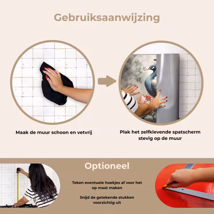 Pauw - Pauwenveren - Vogel - Jungle - Bloemen keuken achterwand spatscherm klein -gebruiksaanwijzing_NL