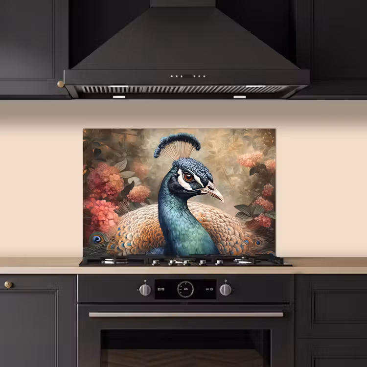 Pauw - Vogel - Bloemen - Planten - Pauwenveren keuken achterwand spatscherm klein -sfeer1
