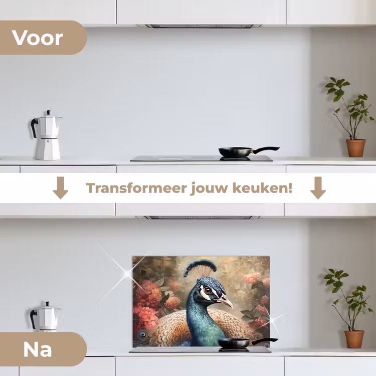 Pauw - Vogel - Bloemen - Planten - Pauwenveren keuken achterwand spatscherm klein -voor_na_NL