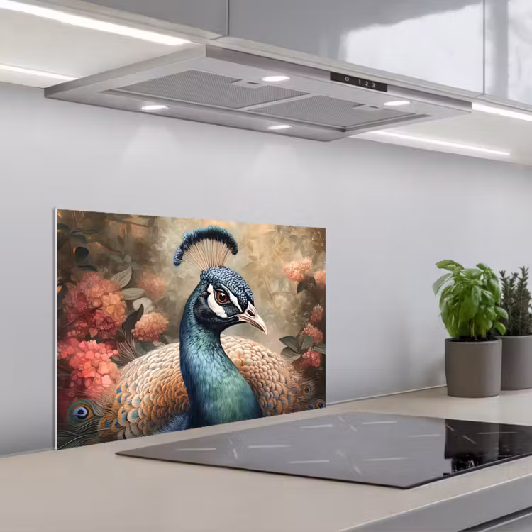 Pauw - Vogel - Bloemen - Planten - Pauwenveren keuken achterwand spatscherm klein -3d_schuin