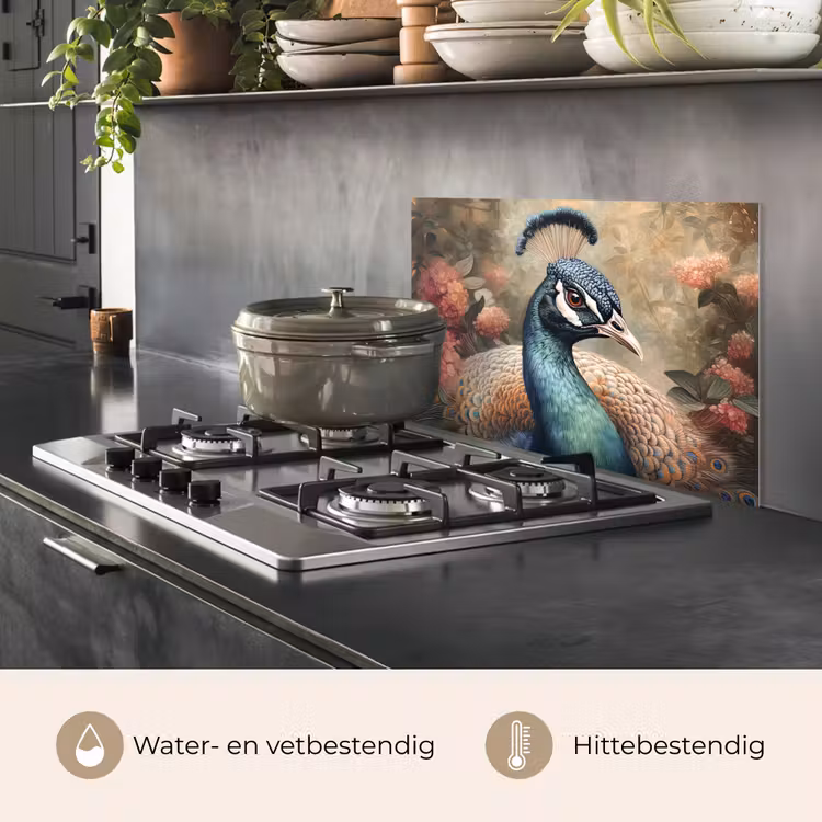 Pauw - Vogel - Bloemen - Planten - Pauwenveren keuken achterwand spatscherm klein -usp_NL