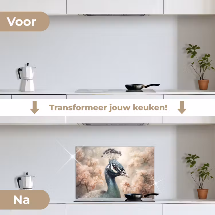 Pauw - Vogels - Bloemen - Boom - Botanisch keuken achterwand spatscherm klein -voor_na_NL