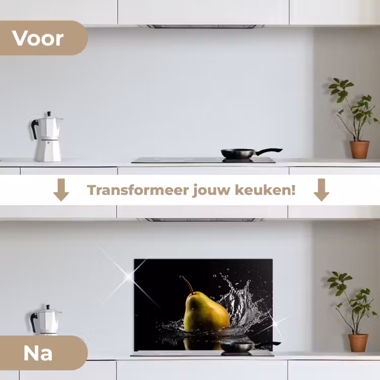 Peer - Fruit - Water - Zwart keuken achterwand spatscherm klein -voor_na_NL