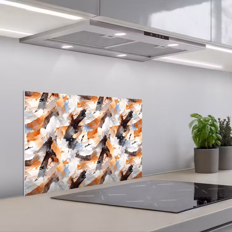 Penseelstreken - Oranje - Grijs keuken achterwand spatscherm klein 900 -3d_schuin