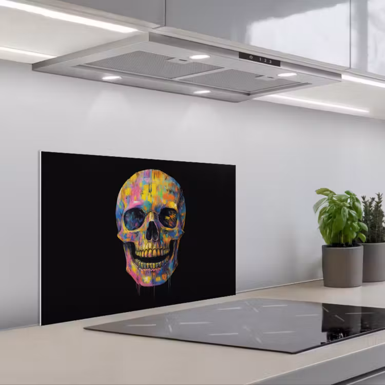 Penseelstreken - Schedel - Kleurrijk - Abstract keuken achterwand spatscherm klein -3d_schuin