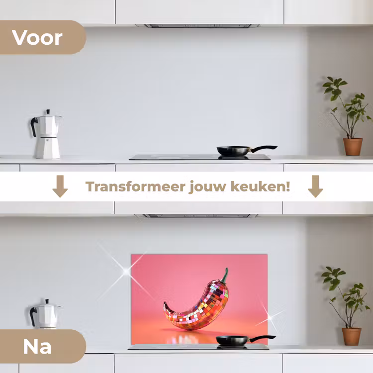 Peper - Disco - Rood - Glitter keuken achterwand spatscherm klein -voor_na_NL