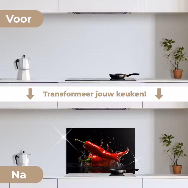 Peper - Rood - Zwart - Water - Groente keuken achterwand spatscherm klein -voor_na_NL