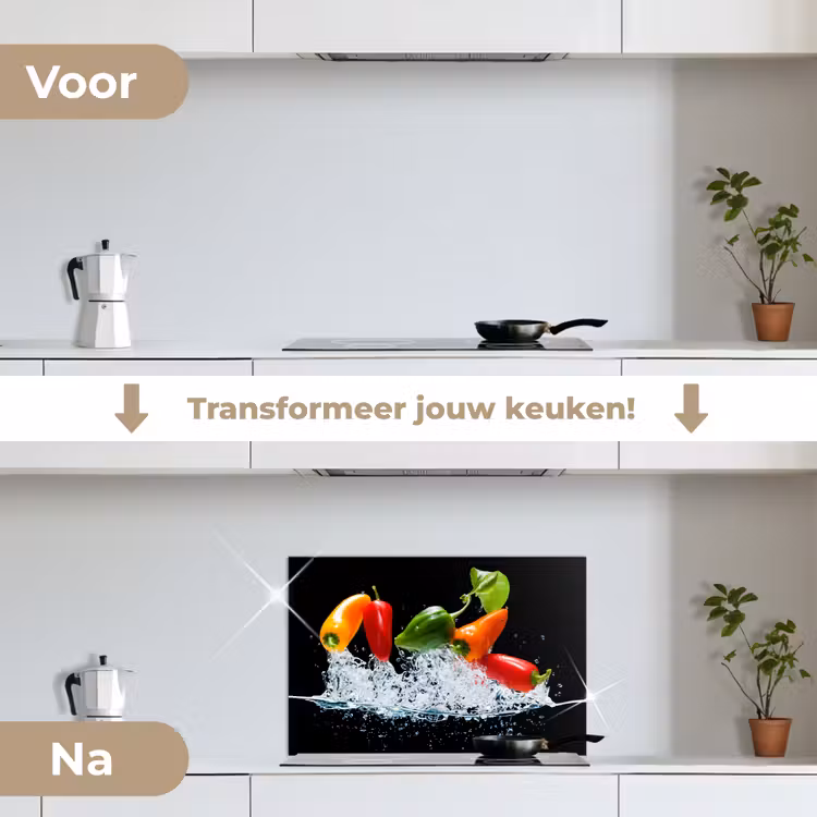 Pepers - Zwart - Groenten - Water - Blad keuken achterwand spatscherm klein -voor_na_NL