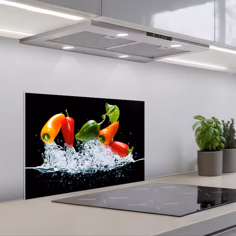 Pepers - Zwart - Groenten - Water - Blad keuken achterwand spatscherm klein -3d_schuin