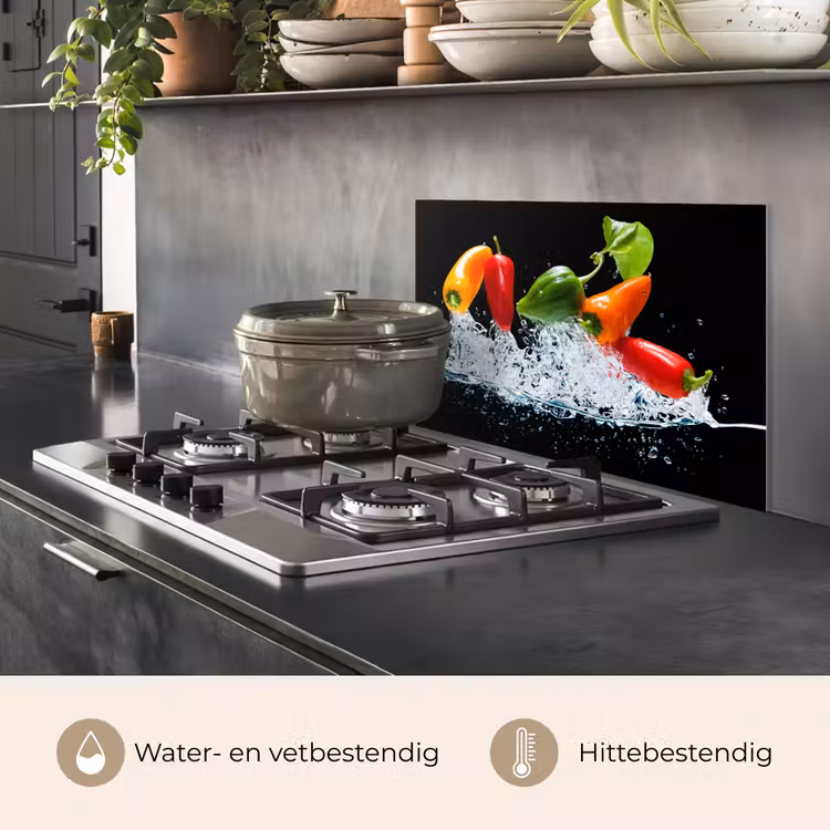 Pepers - Zwart - Groenten - Water - Blad keuken achterwand spatscherm klein -usp_NL