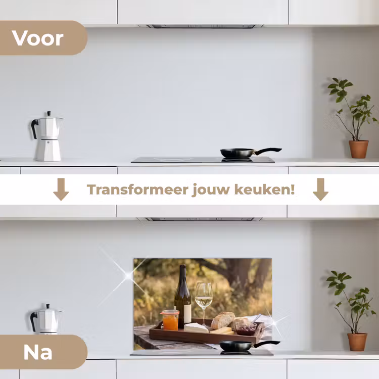 Picknick - Wijn - Kaasplankje keuken achterwand spatscherm klein -voor_na_NL