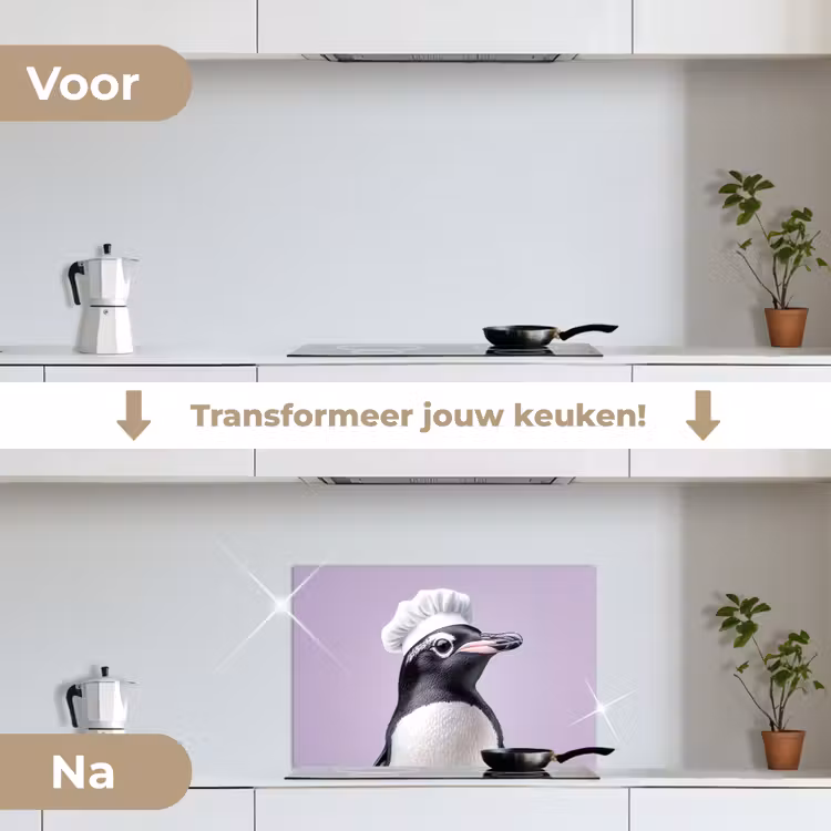 Pinguïn - Koksmuts - Lief - Paars keuken achterwand spatscherm klein -voor_na_NL