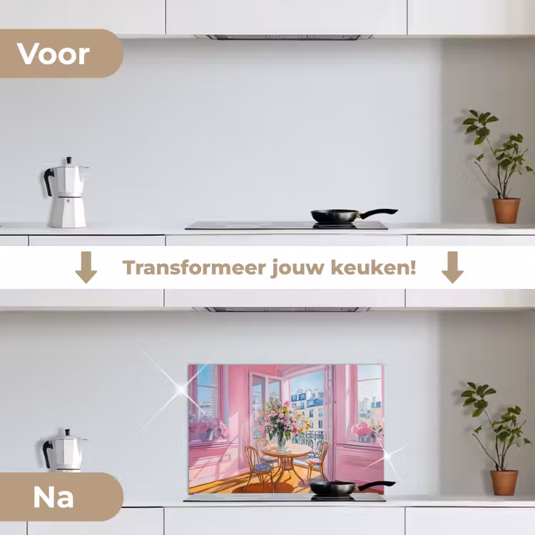 Pink - City - Bloemen keuken achterwand spatscherm klein -voor_na_NL